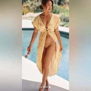 By Anthropologie Mustard Abstract Print Viscose Open Front Cover Up Size XS